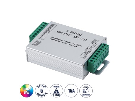 GloboStar® 73395 High Speed LED Amplifier 5 Channels - Ενισχυτής Σήματος Υψηλών Ταχυτήτων LED 5 Καναλιών DC 12-24V RGBW+WW Max 360W Μ10.5 x Π6.3 x Υ2.3cm