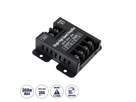 GloboStar® 73396 DC Power & Signal High Speed Amplifier Ενισχυτής Ισχύος & Σήματος Υψηλών Ταχυτήτων 1 Καναλιού DC 5-24V 1 x 30A 360W - Max 30A 360W - IP20 - Single Color - Μ6.3 x Π6.7 x Υ2cm - 2 Χρόνια Εγγύηση