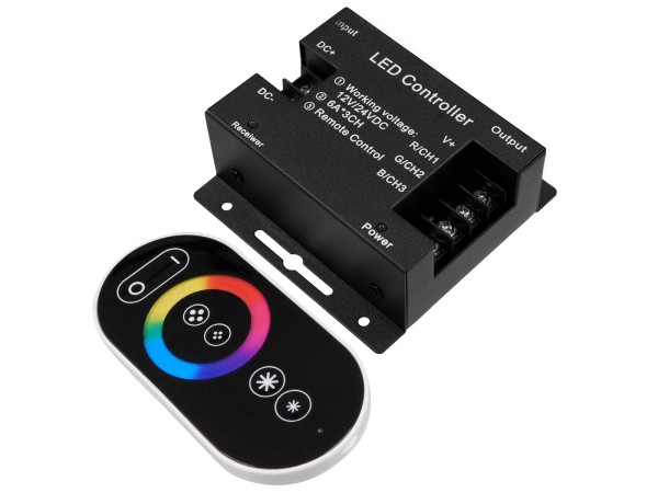 GLOBOSTAR® RGBCONTROLLER 73406 Σετ Dimmer / Controller με RF Ασύρματο Χειριστήριο με 3 x 6A 180W Κανάλια DC 12-24V 18A 432W Max IP20 - RF2.4Ghz - Μ8.3 x Π8.1 x Υ3.3cm - 2 Χρόνια Εγγύηση