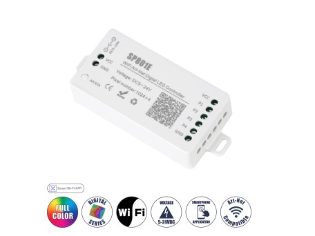 GloboStar® 73415 SP801E Ασύρματος WiFi Art-Net LED FULL COLOR Magic Digital Pixel Controller iOS/Android για LED Digital Πολύχρωμα και Μονόχρωμα Προϊόντα DC 5-24V 4 x 1024 IC Max