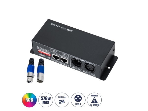 GLOBOSTAR® RGBCONTROLLER 73490 DC DMX Master Dimmer / Controller / Decoder Υψηλής Ταχύτητας με 3 x 8A 192W Κανάλια DC 12-24V 24A 576W Max IP20 - DMX512 & RDM - Μ16 x Π9 x Υ6cm - 2 Χρόνια Εγγύηση
