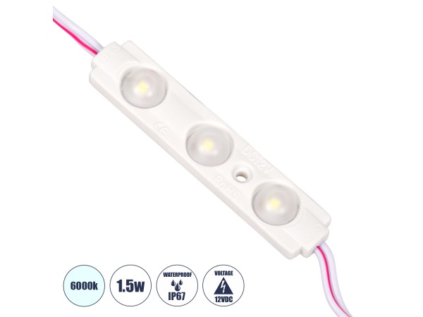 GLOBOSTAR® MODULOMI 73707 Module LED 1.5W 180lm 120° DC 12V Αδιάβροχο IP65 3 x SMD5730 Chip Ψυχρό Λευκό 6000K Dimmable - Μ6.9 x Π1.3 x Υ0.8cm - Πακέτο 20 Τεμαχίων - 3 Χρόνια Εγγύηση