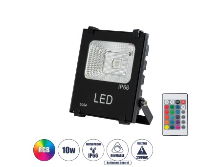 GLOBOSTAR® RGBFLOOD 75600 Προβολέας με IR Ασύρματο Χειριστήριο LED 10W 650lm 120° AC 220-240V Αδιάβροχο IP66 Πολύχρωμο RGB Dimmable - COB Chip - Μαύρο Ματ - Μ11 x Π4 x Υ13.5cm - 2 Χρόνια Εγγύηση