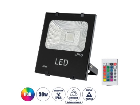 GLOBOSTAR® RGBFLOOD 75601 Προβολέας με IR Ασύρματο Χειριστήριο LED 30W 1950lm 120° AC 220-240V Αδιάβροχο IP66 Πολύχρωμο RGB Dimmable - COB Chip - Μαύρο Ματ - Μ17 x Π4.5 x Υ20cm - 2 Χρόνια Εγγύηση