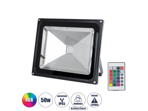 GLOBOSTAR® RGBFLOOD 75602 Προβολέας με IR Ασύρματο Χειριστήριο LED 50W 3250lm 120° AC 220-240V Αδιάβροχο IP66 Πολύχρωμο RGB Dimmable - Μαύρο Ματ - Μ28.5 x Π23.5 x Υ10cm - 2 Χρόνια Εγγύηση