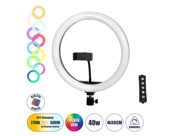 GloboStar® 75802 Professional Digital Ring Light Φ30cm LED SMD 40W 4000lm 180° DC 5V με Καλώδιο Τροφοδοσίας USB - Ενσωματωμένο Χειριστήριο Εναλλαγής Χρωμάτων & 1 Βάση Τηλεφώνου - Πολύχρωμο RGBW+WW Dimmable
