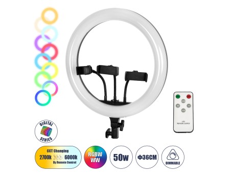 GloboStar® 75803 Professional Digital Ring Light Φ36cm LED SMD 50W 5000lm 180° DC 5V με Καλώδιο Τροφοδοσίας USB - Ενσωματωμένο και Ασύρματο Χειριστήριο RF 2.4Ghz Εναλλαγής Χρωμάτων & 3 Βάσεις Τηλεφώνου - Πολύχρωμο RGBW+WW Dimmable