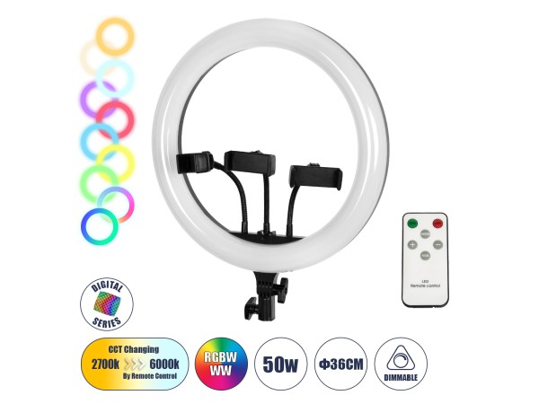 GloboStar® 75803 Professional Digital Ring Light Φ36cm LED SMD 50W 5000lm 180° DC 5V με Καλώδιο Τροφοδοσίας USB - Ενσωματωμένο και Ασύρματο Χειριστήριο RF 2.4Ghz Εναλλαγής Χρωμάτων & 3 Βάσεις Τηλεφώνου - Πολύχρωμο RGBW+WW Dimmable