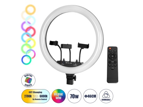 GloboStar® 75805 Professional Digital Ring Light Φ46cm LED SMD 70W 7000lm 180° AC 230V με Καλώδιο Τροφοδοσίας Πρίζας - Ασύρματο Χειριστήριο RF 2.4Ghz Εναλλαγής Χρωμάτων & 3 Βάσεις Τηλεφώνου - Πολύχρωμο RGBW+WW Dimmable