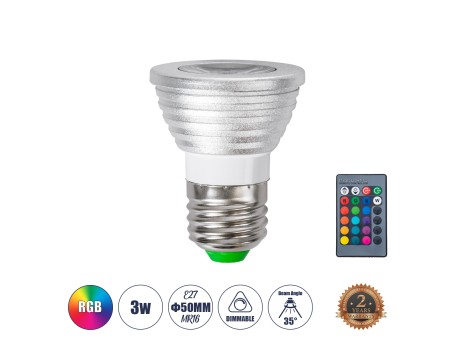 GloboStar® 76066 Σποτ LED E27 MR16 3W 200lm 90° AC 220-240V IP20 Φ5 x Υ8.5cm - Εναλλαγή Φωτισμού μέσω Τηλεχειριστηρίου RGB - Dimmable - 2 Χρόνια Εγγύηση