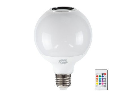GLOBOSTAR® RGBOO 76072 Λάμπα E27 G95 με IR Ασύρματο χειριστήριο & 3W Bluetooth Ηχείο LED 12W 780lm 260° AC 220-240V IP20 Πολύχρωμο RGBW Dimmable - Sanan SMD Chip - Μ13 x Π25 x Υ43cm - 2 Χρόνια Εγγύηση