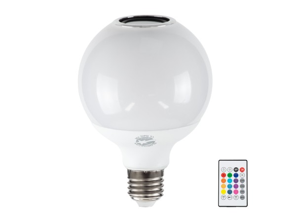 GLOBOSTAR® RGBOO 76072 Λάμπα E27 G95 με IR Ασύρματο χειριστήριο & 3W Bluetooth Ηχείο LED 12W 780lm 260° AC 220-240V IP20 Πολύχρωμο RGBW Dimmable - Sanan SMD Chip - Μ13 x Π25 x Υ43cm - 2 Χρόνια Εγγύηση