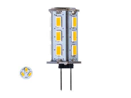 GLOBOSTAR® G4BACK 76134 Λάμπα G4 LED 5W 450lm 320° DC 12-24V IP20 Θερμό Λευκό 2700K Dimmable - Sanan SMD Chip - Μ1.8 x Π1.8 x Υ4.3cm - 2 Χρόνια Εγγύηση
