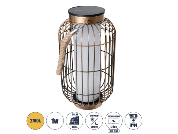 GloboStar® 76487 Αυτόνομο Ηλιακό Κρεμαστό/Επιτραπέζιο Φωτιστικό Φαναράκι LED SMD 1W 100lm με Ενσωματωμένη Μπαταρία 600mAh - Φωτοβολταϊκό Πάνελ με Αισθητήρα Ημέρας-Νύχτας Χάλκινο Αδιάβροχο IP44 Θερμό Λευκό 2700K