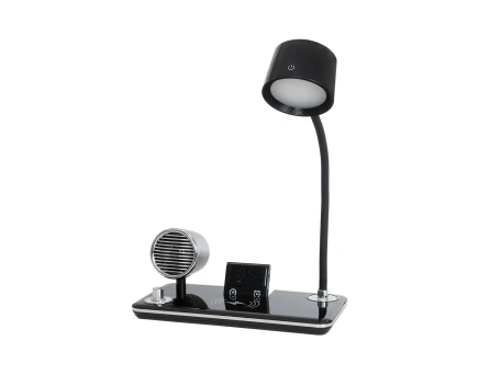 GLOBOSTAR® OLDY 76563 Μοντέρνο Επιτραπέζιο Φωτιστικό Γραφείου με Ασύρματη Φόρτιση 15W 3A, 5W Bluetooth Ηχείο & Ψηφιακό Ρολόι LED 3W 300lm 120° DC 5V με USB-C IP20 Ρυθμιζόμενο Λευκό CCT με Αφή 2700K/4500K/6000K Dimmable - Sanan SMD Chip - Μαύρο - Μ13 x Π25