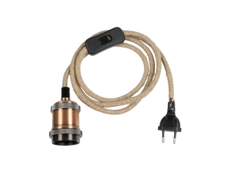 GLOBOSTAR® WHIP 77662 Μοντέρνο DIY Φωτιστικό με Υφασμάτινο Καλώδιο, Ντουί 1 x E27, Διακόπτη On/Off & Πρίζα AC 220-240V IP20 - Μπεζ & Χάλκινο - Μ150 x Π4 x Υ4cm
