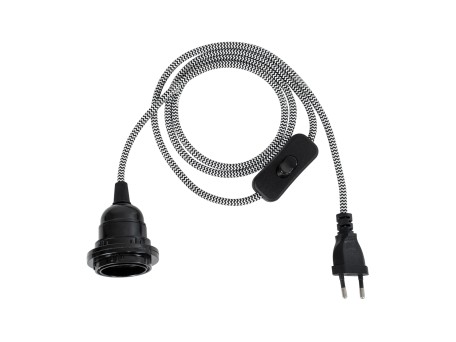 GLOBOSTAR® WHIP 77668 Μοντέρνο DIY Φωτιστικό με Υφασμάτινο Καλώδιο, Ντουί 1 x E27, Διακόπτη On/Off & Πρίζα AC 220-240V IP20 - Λευκό & Μαύρο - Μ150 x Π5.8 x Υ5.8cm