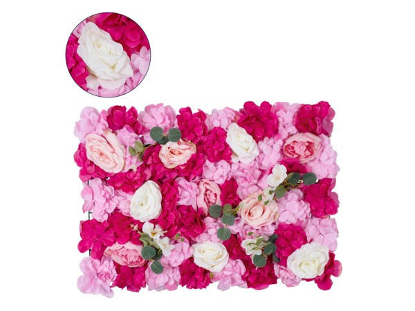 GloboStar® Artificial Garden ROSALIE 78335 Τεχνητό Διακοσμητικό Πάνελ Λουλουδιών - Κάθετος Κήπος σύνθεση Ροζαλί Μ60 x Π40 x Υ6cm