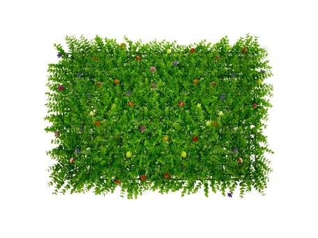 GLOBOSTAR® BUXUS 78408 Τεχνητό Πάνελ Φυλλωσιάς / Κάθετος Κήπος Καυκάσιο Πυξάρι & Πολύχρωμα Λουλούδια - Πράσινο - Μ60 x Π8 x Υ40cm