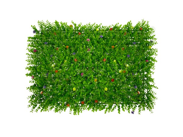 GLOBOSTAR® BUXUS 78408 Τεχνητό Πάνελ Φυλλωσιάς / Κάθετος Κήπος Καυκάσιο Πυξάρι & Πολύχρωμα Λουλούδια - Πράσινο - Μ60 x Π8 x Υ40cm