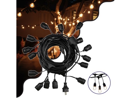 GLOBOSTAR® GARLAND 78984 Καλωδιογιρλάντα 15m με Ντουί 15 x E27 & Πρίζα Schuko AC 220-240V IP65 - Μαύρο - Μ1500 x Π92 x Υ16cm