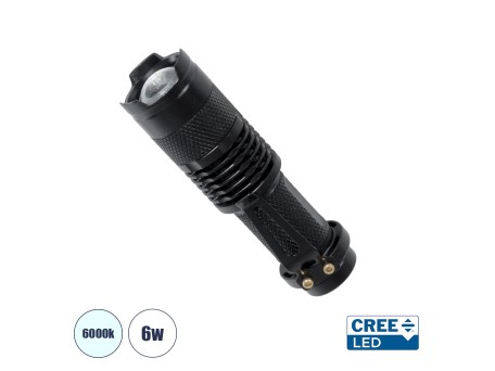 GloboStar® 79020 Φορητός Φακός Χειρός CREE LED 6W 480lm - Ψυχρό Λευκό 6000K - Φ2.5 x Υ9.2cm