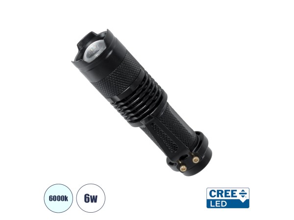 GloboStar® 79020 Φορητός Φακός Χειρός CREE LED 6W 480lm - Ψυχρό Λευκό 6000K - Φ2.5 x Υ9.2cm