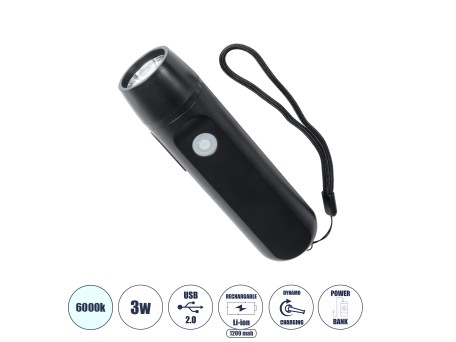 GloboStar® 79021 Φορητός Φακός Χειρός CREE LED 3W 240lm - με Επαναφορτιζόμενη Μπαταρία 1400mAh & Χειροκίνητο Φορτιστή Δυναμό - Ψυχρό Λευκό 6000K - Φ4.1 x Υ15cm