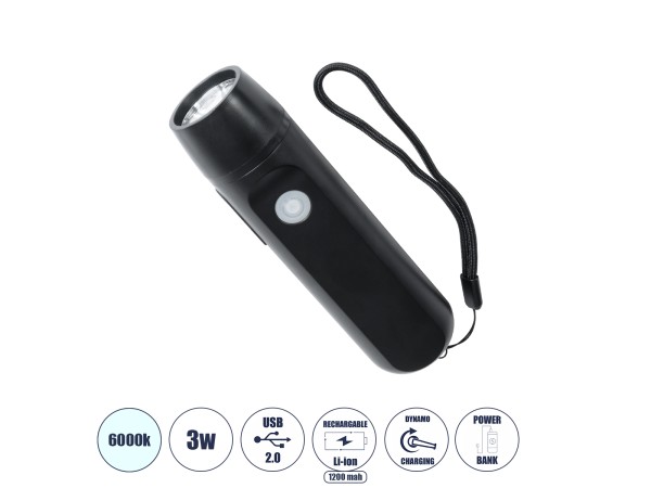 GloboStar® 79021 Φορητός Φακός Χειρός CREE LED 3W 240lm - με Επαναφορτιζόμενη Μπαταρία 1400mAh & Χειροκίνητο Φορτιστή Δυναμό - Ψυχρό Λευκό 6000K - Φ4.1 x Υ15cm