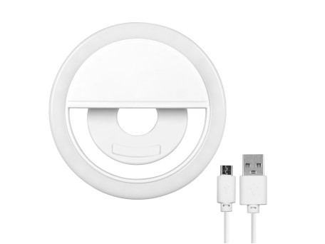 GloboStar® 79042 Selfie Ring Light LED SMD 2W 200 lm Λευκό Σώμα με Ενσωματωμένη Επαναφορτιζόμενη Μπαταρία 500mAh & Καλώδιο Φόρτισης Micro USB Ψυχρό Λευκό 6000 K για Κινητό Τηλέφωνο και Tablet Φ8.5 x Υ2.5cm