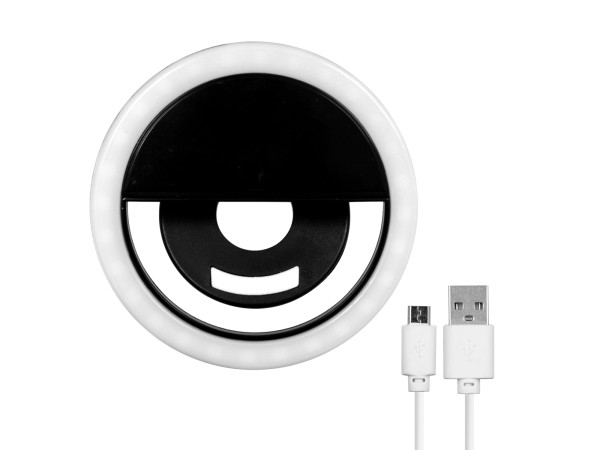 GloboStar® 79043 Selfie Ring Light LED SMD 2W 200 lm Μαύρο Σώμα με Ενσωματωμένη Επαναφορτιζόμενη Μπαταρία 500mAh & Καλώδιο Φόρτισης Micro USB Ψυχρό Λευκό 6000 K για Κινητό Τηλέφωνο και Tablet Φ8.5 x Υ2.5cm