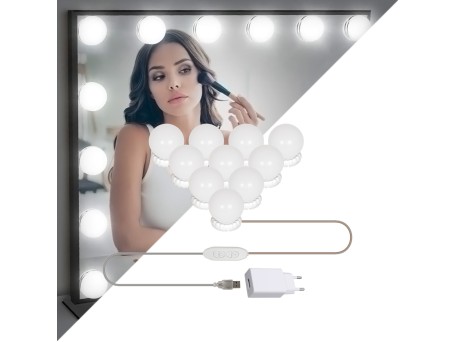 GloboStar® 79047 Φωτιστικό Γιρλάντα με 10 Γλομπάκια για Μακιγιάζ - Καθρέπτη LED 8W 800lm DC 5V με Καλώδιο Τροφοδοσίας USB - Ενσωματωμένο Χειριστήριο Εναλλαγής Χρωμάτων & USB Wall Adapter Αδιάβροχο IP54 CCT Θερμό 2700K έως Ψυχρό 6000K Dimmable