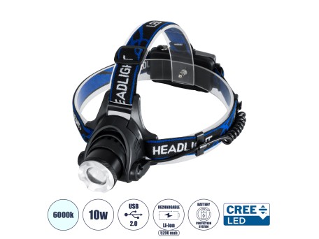 GloboStar® 79055 Φακός Κεφαλής Επαναφορτιζόμενος LED CREE XML2-T6 Chip 10 Watt 800lm με 2 x 18650 Μπαταρίες 5200mAh - Ψυχρό Λευκό 6000K - Μ8.5 x Π6.5 x Υ7cm