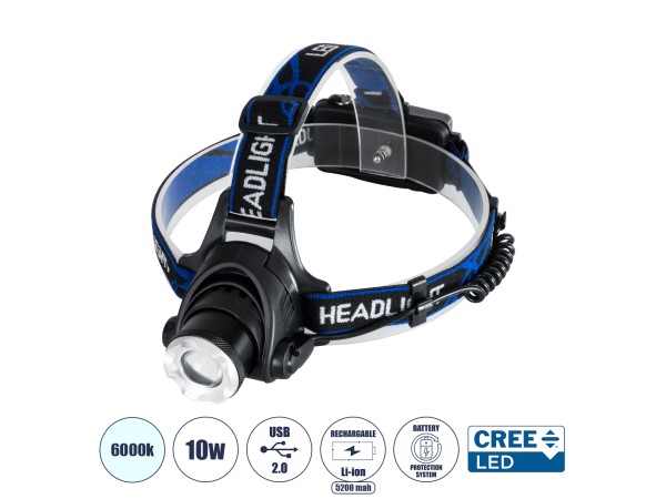 GloboStar® 79055 Φακός Κεφαλής Επαναφορτιζόμενος LED CREE XML2-T6 Chip 10 Watt 800lm με 2 x 18650 Μπαταρίες 5200mAh - Ψυχρό Λευκό 6000K - Μ8.5 x Π6.5 x Υ7cm