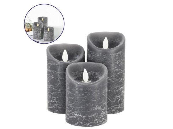 GloboStar® 79559 ΣΕΤ 3 Διακοσμητικών Realistic Κεριών Παραφίνης με LED Εφέ Κινούμενης Φλόγας - Μπαταρίας & Ασύρματο Χειριστήριο IR Γκρι με Ασημένιες Ρίγες Θερμό Λευκό 3000K Dimmable