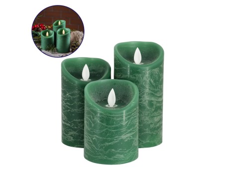 GloboStar® 79560 ΣΕΤ 3 Διακοσμητικών Realistic Κεριών Παραφίνης με LED Εφέ Κινούμενης Φλόγας - Μπαταρίας & Ασύρματο Χειριστήριο IR Πράσινα με Ασημένιες Ρίγες Θερμό Λευκό 3000K Dimmable