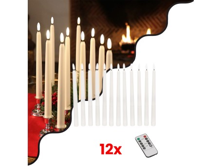 GloboStar® 79564 ΣΕΤ 12 Διακοσμητικών Realistic Κεριών Κηροπηγίου με LED Εφέ Κινούμενης Φλόγας - Μπαταρίας & Ασύρματο Χειριστήριο IR Θερμό Λευκό 2700K Dimmable