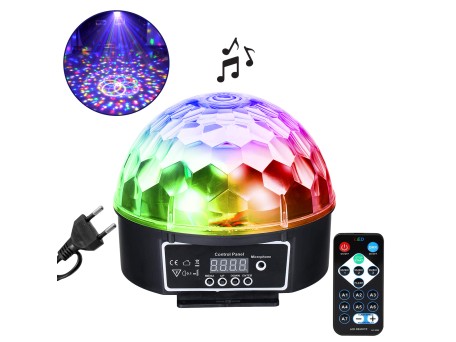 GloboStar® 79602 LED Party Disco Μπάλα με Περιστρεφόμενα Φωτορυθμικά Εφέ Πολύχρωμη RGB DMX512 20W με Sound Control Activated Εφέ και με Ασύρματο Χειριστήριο AC 230V IP20 Φ17 x Υ15cm