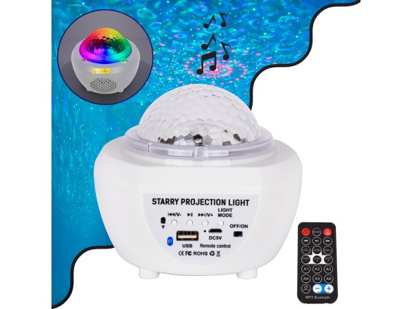 GloboStar® 79604 Λευκό Επιτραπέζιο Διακοσμητικό Φωτιστικό Ειδικών Εφε NIGHT SKY GALAXY 3D LED 10W DC 5V 2200mAh Επαναφορτιζόμενο με Bluetooth Speaker - Sound Activated - Καλώδιο Τροφοδοσίας USB και Ασύρματο Χειριστήριο RF 2.4Ghz Πολύχρωμo RGB Dimmable