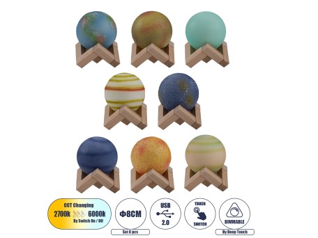 GloboStar® MOON 79609 Επιτραπέζιο Φωτιστικό Πορτατίφ LED 2W 120lm 360° DC 5V IP20 CCT Θερμό Λευκό 2700K - Φυσικό Λευκό 4500K - Ψυχρό Λευκό 6000K Dimmable Πολύχρωμο Πλαστικό με Μπεζ Ξύλο - Μ8 x Π8 x Υ11cm - ΣΕΤ 8 Τεμαχίων - 2 Xρόνια Εγγύηση