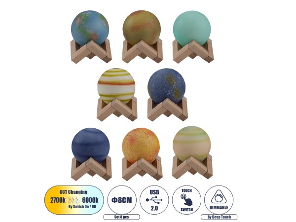 GloboStar® MOON 79609 Επιτραπέζιο Φωτιστικό Πορτατίφ LED 2W 120lm 360° DC 5V IP20 CCT Θερμό Λευκό 2700K - Φυσικό Λευκό 4500K - Ψυχρό Λευκό 6000K Dimmable Πολύχρωμο Πλαστικό με Μπεζ Ξύλο - Μ8 x Π8 x Υ11cm - ΣΕΤ 8 Τεμαχίων - 2 Xρόνια Εγγύηση