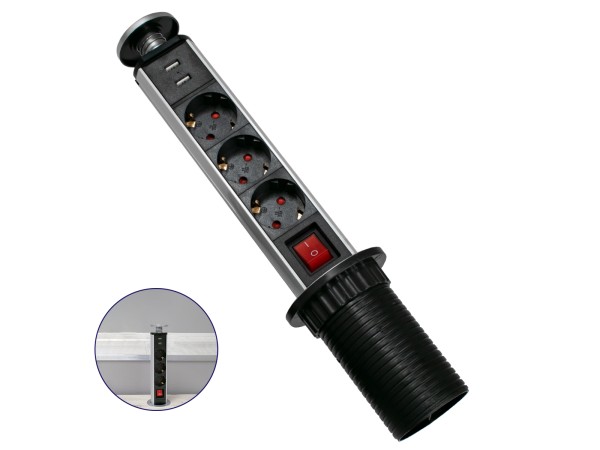 GLOBOSTAR® POWERFOLD 79630 Χωνευτό Πτυσσόμενο Πολύπριζο 5 Θέσεων με 2 x Πρίζες DC 5V USB 3.0 & 3 x EU Schuko Πρίζες Ασφαλείας Childproof AC 220-240V 3000W/13A Max Load με Διακόπτη On/Off IP20 - Μαύρο & Γκρι - Μ8 x Π8 x Υ33cm