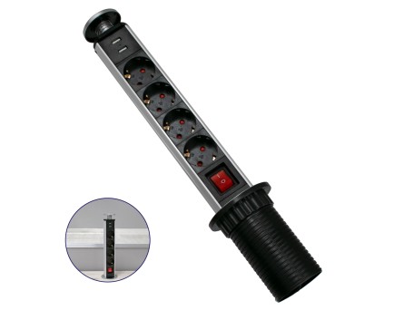 GloboStar® 79631 Χωνευτό Πτυσσόμενο Πολύμπριζο με 4 Πρίζες Ασφαλείας EU Σούκο AC 230V Max 4000W & 2 Εξόδους USB DC 5V Max 3A 18W & Ενσωματωμένο Διακόπτη Οn/Off