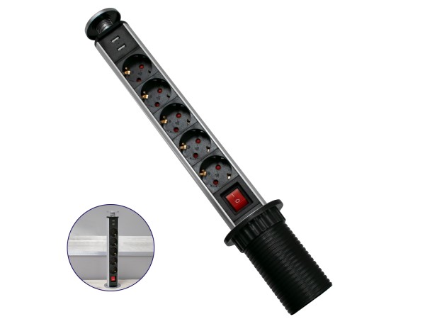 GloboStar® 79632 Χωνευτό Πτυσσόμενο Πολύμπριζο με 5 Πρίζες Ασφαλείας EU Σούκο AC 230V Max 5000W & 2 Εξόδους USB DC 5V Max 3A 18W & Ενσωματωμένο Διακόπτη Οn/Off