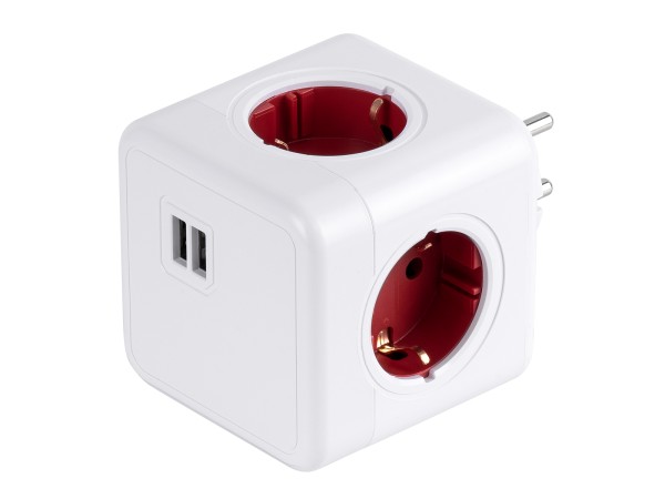 GloboStar® TRAVEL PowerCube PRO Certified 79634 Πολύπριζο 6 Θέσεων με 4 Πρίζες Ασφαλείας Childproof EU Schuko AC 220-240V & 2 Πρίζες USB Max 2.1A/DC 5V Μ7.5 x Π11.5 x Υ7.5 - Λευκό με Κόκκινο - Max Load 3680W/16A