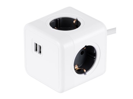 GloboStar® TRAVEL PowerCube PRO Certified 79639 Πολύπριζο 6 Θέσεων με 1.5m Kαλώδιο - 4 Πρίζες Ασφαλείας Childproof EU Schuko AC 220-240V & 2 Πρίζες USB Max 2.1A/DC 5V Μ7.5 x Π7.5 x Υ7.5 - Λευκό με Γκρι - Max Load 3680W/16A