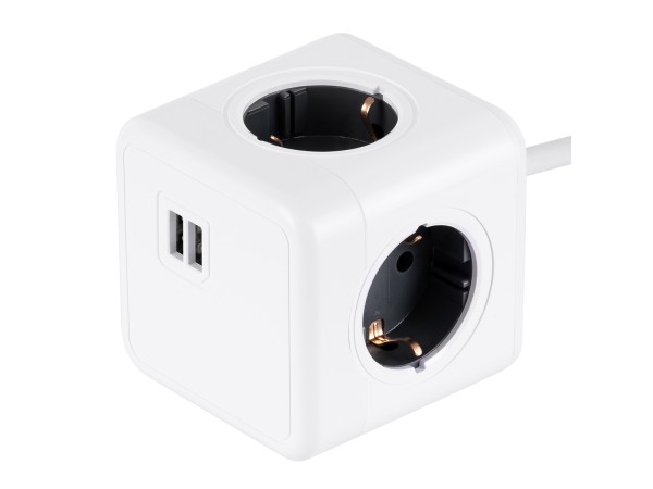 GloboStar® TRAVEL PowerCube PRO Certified 79639 Πολύπριζο 6 Θέσεων με 1.5m Kαλώδιο - 4 Πρίζες Ασφαλείας Childproof EU Schuko AC 220-240V & 2 Πρίζες USB Max 2.1A/DC 5V Μ7.5 x Π7.5 x Υ7.5 - Λευκό με Γκρι - Max Load 3680W/16A