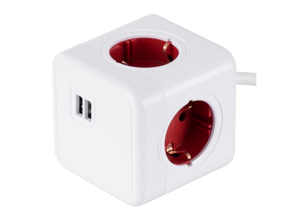 GloboStar® TRAVEL PowerCube PRO Certified 79642 Πολύπριζο 6 Θέσεων με 1.5m Kαλώδιο - 4 Πρίζες Ασφαλείας Childproof EU Schuko AC 220-240V & 2 Πρίζες USB Max 2.1A/DC 5V Μ7.5 x Π7.5 x Υ7.5 - Λευκό με Κόκκινο - Max Load 3680W/16A