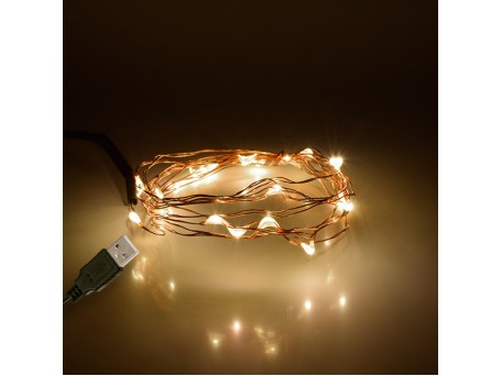 GloboStar® 79720 Διακοσμητική Γιρλάντα 2 Μέτρων 20 LED USB 5 Volt 1.2 Watt με Χάλκινο Συρμάτινο Καλώδιο Θερμό Λευκό 3000K