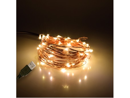GLOBOSTAR® STRINGLIGHT 79721 Γιρλάντα 5m 50 LED 3W 180lm 360° DC 5V με USB 2.0 IP20 Θερμό Λευκό 2700Κ Dimmable - Χάλκινο - Μ500 x Π0.6 x Υ0.6cm - 1 Χρόνο Εγγύηση